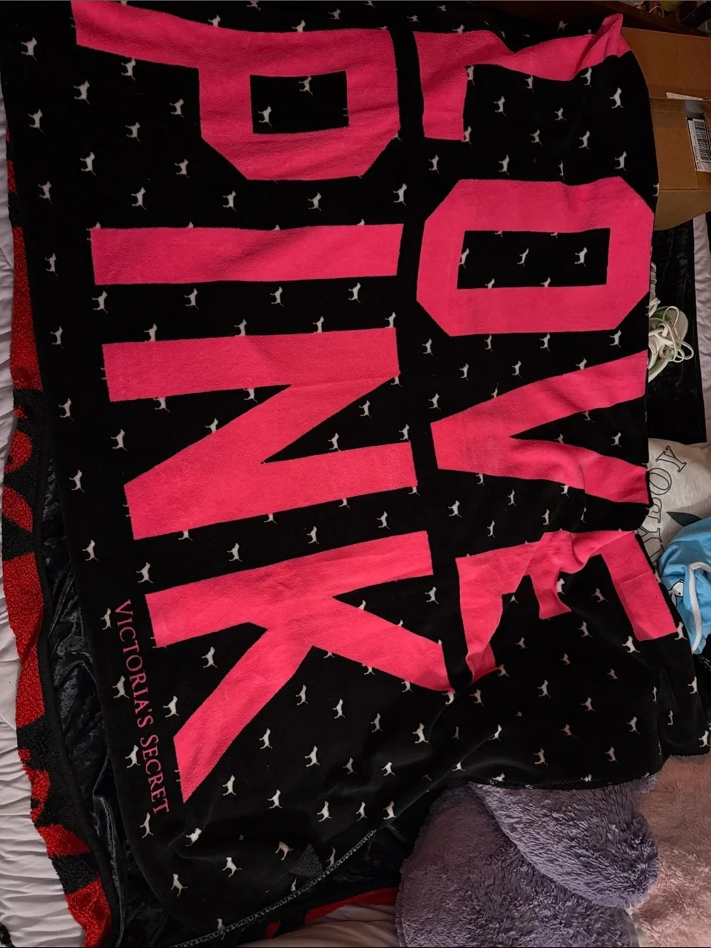 Victoria's Secret stadium blanket with  PINK Logo and dogs all over
